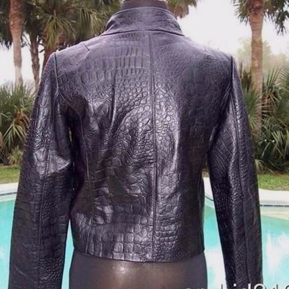 Cache Croc Textured Leather Lined Jacket Coat Top New Front Button NWT $348 - Picture 9 of 13